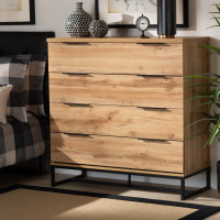 Baxton Studio CH8000-Oak/Black-4DW-Dresser Reid Modern and Contemporary Industrial Oak Finished Wood and Black Metal 4-Drawer Dresser